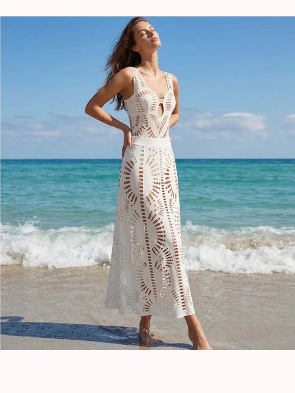 White Laser-Cut Maxi Swim Cover-Up Dress